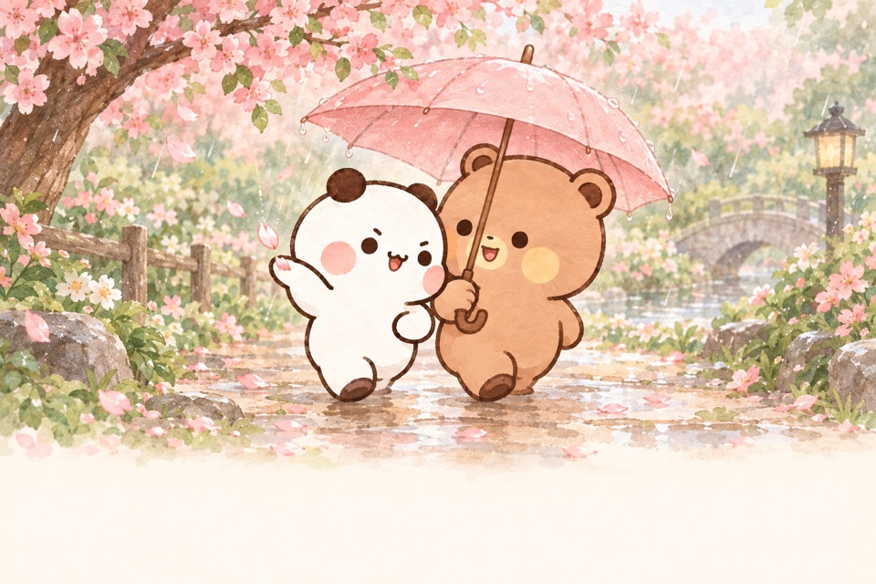 布布一二共撑一把粉伞，在雨后的花园里散步