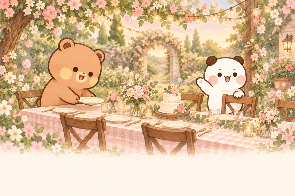 布布一二在花园宴席摆好餐盘，为亲友留好座位
